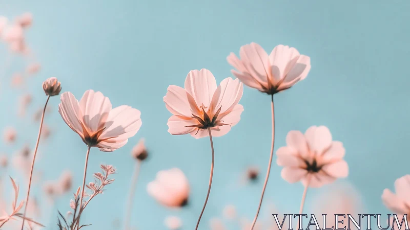 Pink Cosmos Flowers Against Clear Blue Sky.