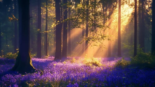 Enchanted forest with purple wildflowers illuminated by golden sunlight through tall trees