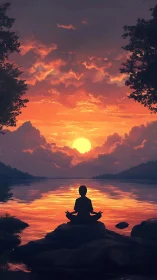 Sunset meditation by a glowing lake of calm and color.