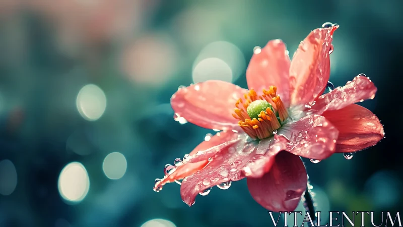 Pink Flower with Raindrops in Soft Focus Garden