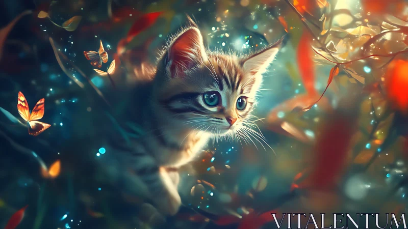 Kitten with Butterflies in Luminescent Environment