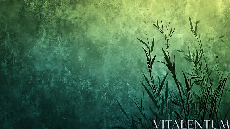 Silhouetted grass against textured green gradient field.