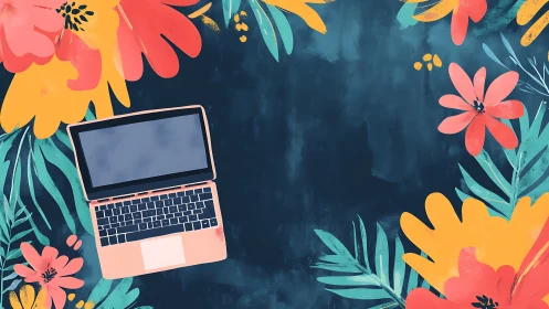 Laptop workspace nestles amid bold tropical floral frame.
