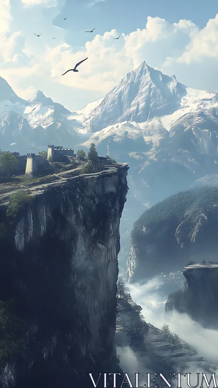 Fortified structure occupies cliff edge above layered mountains