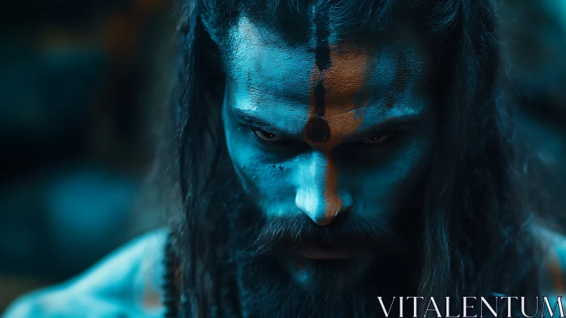 Intense blue-painted warrior gazes downward in mystic focus