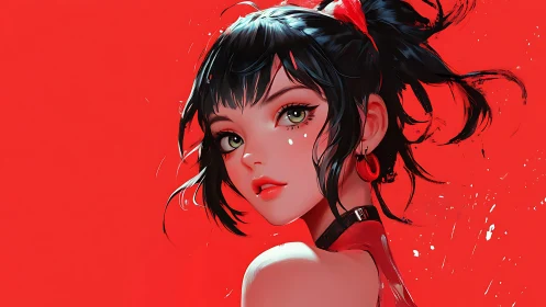 Confident girl in red with lively eyes and playful charm.