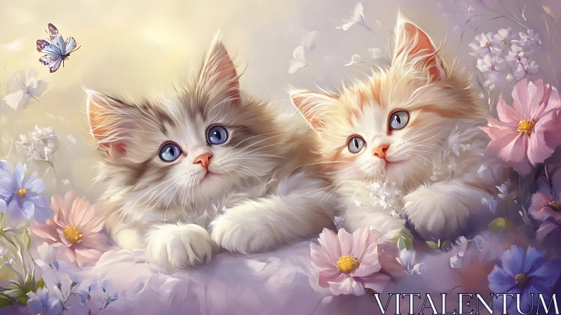Two fluffy kittens amid flowering plants and butterfly.