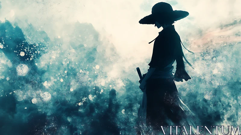 Silhouetted samurai figure in misty blue abstract scene.