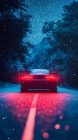Sports car on neon road beneath glowing starry sky.
