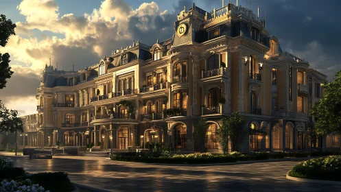 Sunlit neo-baroque luxury residence under dramatic sky