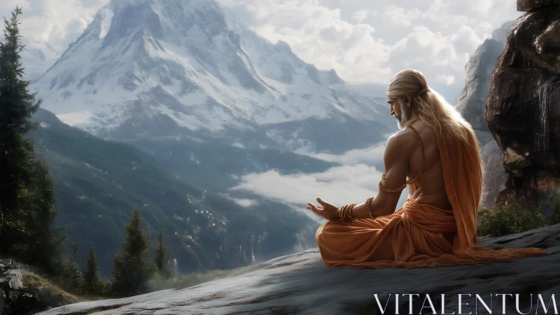 Monk in orange robes seated before distant snowy mountains.