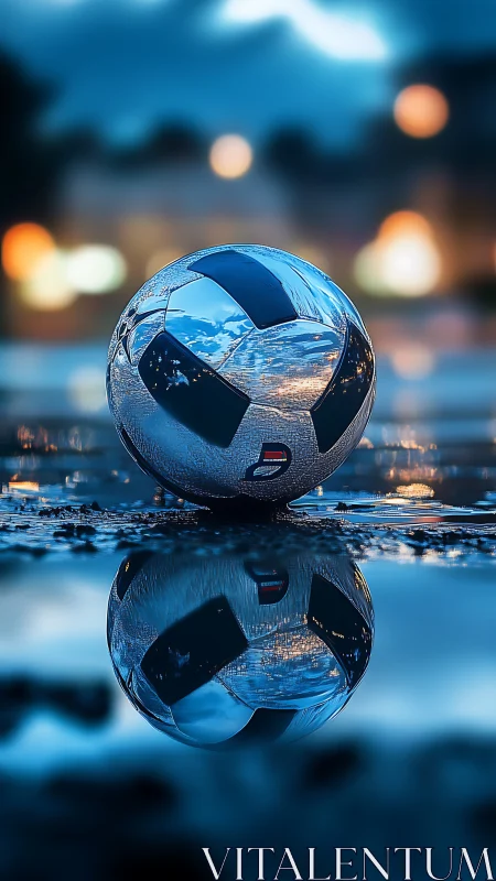 Chrome soccer ball reflects city lights in a rainy dusk street