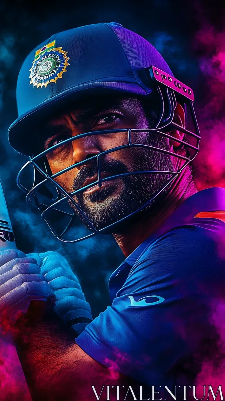 Indian cricket batter portrait in helmet and gloves. Period.