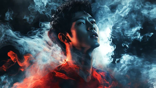 Portrait in fire and mist, where quiet strength ignites wonder.
