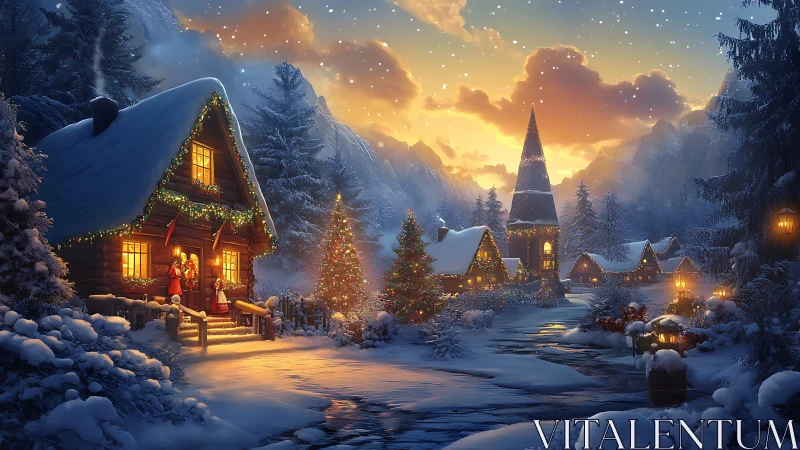 Snowy alpine village at sunset with illuminated Christmas cabins