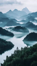 Layered mist-covered mountains with winding reflective river.