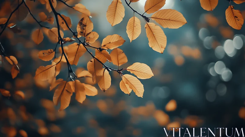 Golden autumn leaves on tree branch with soft bokeh background.