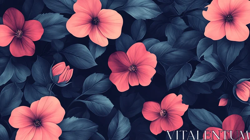 Coral blossoms contrast with deep teal foliage on navy ground