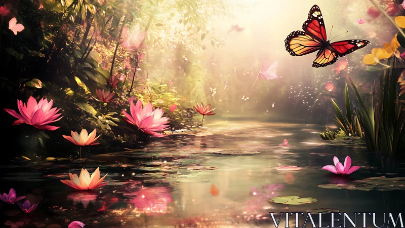 Butterfly above lily pond in dense, softly lit forest setting.