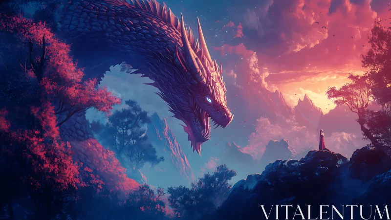 Colossal dragon confronts lone figure at a blazing fantasy sunset