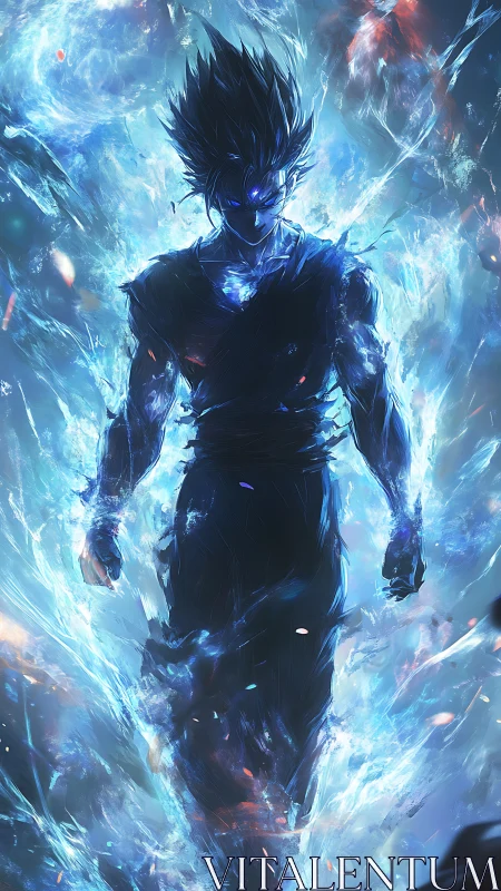 Surging blue energy surrounds a determined anime warrior hero