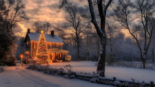 Snowy farmhouse glows with Christmas lights at dusk.
