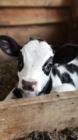 Holstein calf portrait inside wooden barn stall.