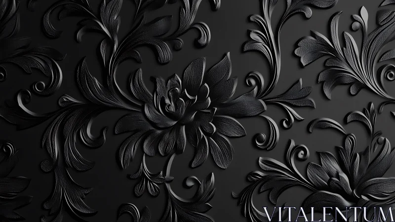 Black baroque floral relief pattern with sculpted curves.