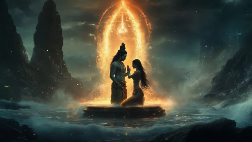 Divine couple kneels before radiant portal in stormy seascape