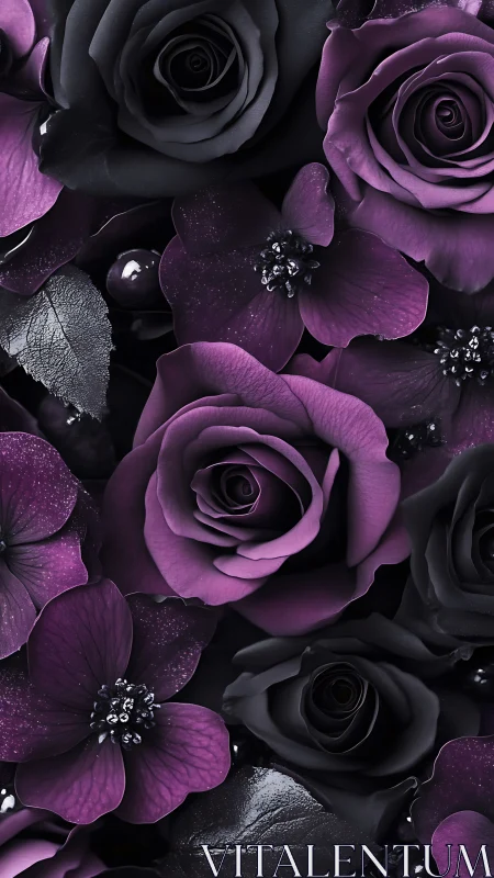 Black and Purple Floral Composition with Roses and Orchids