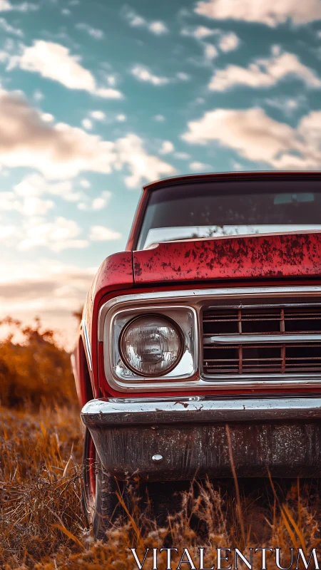 Weathered red pickup front under warm sunset skies.