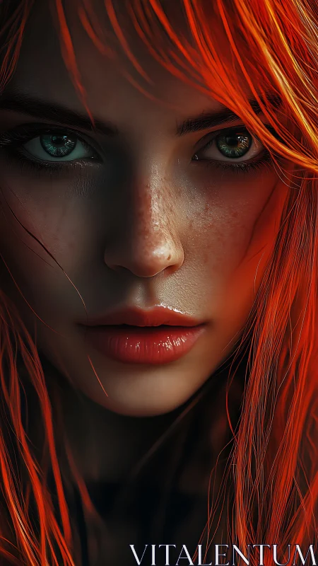 Close frontal portrait of woman with vivid red hair.