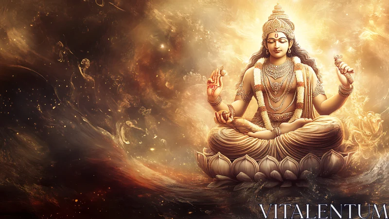 Divine luminous deity meditates amid swirling cosmic light.