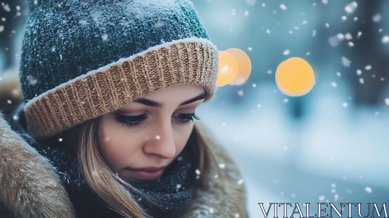Woman in winter coat and knit hat stands in falling snow
