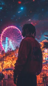 Cyberpunk night portrait with neon ferris wheel and cosmic sky.