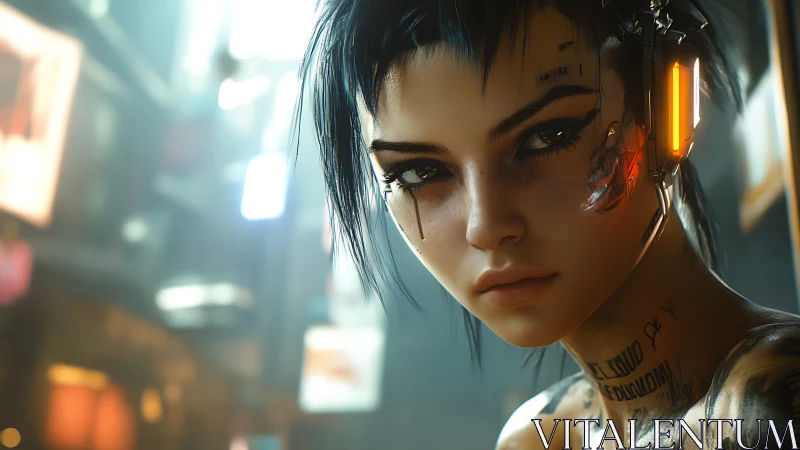 Neon city cyborg girl pausing between sparks of tomorrow.