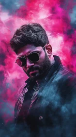 Man in sunglasses with neon smoke background portrait.