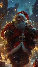 Santa walking through snowy village street at night.