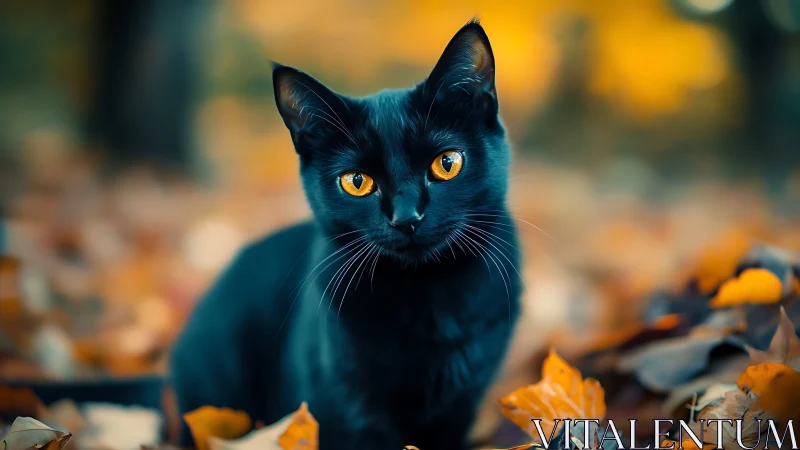 Black Cat With Luminous Amber Eyes in Autumn Setting.