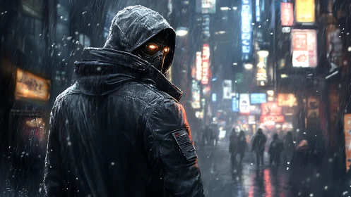 Cybernetic vigilante stalks neon city streets in heavy rain.