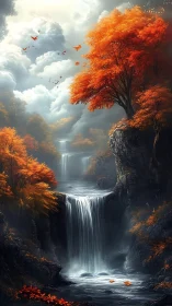 Autumn waterfall cascades through misty crimson forest
