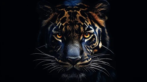 Fierce tiger portrait emerges from deep shadowed darkness.
