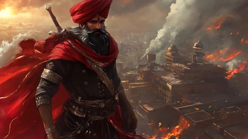 Warrior in red turban surveys burning ancient cityscape.