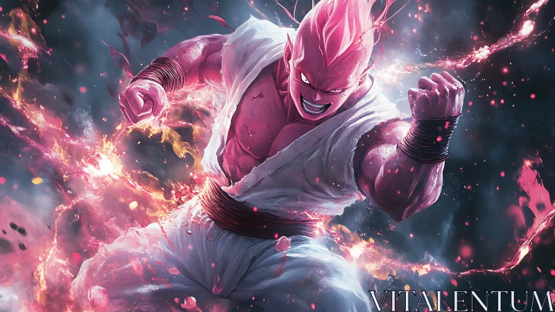 Pink humanoid fighter generates luminous energy discharge