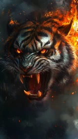 Incandescent infernal tiger portrait with flaming mane and embers