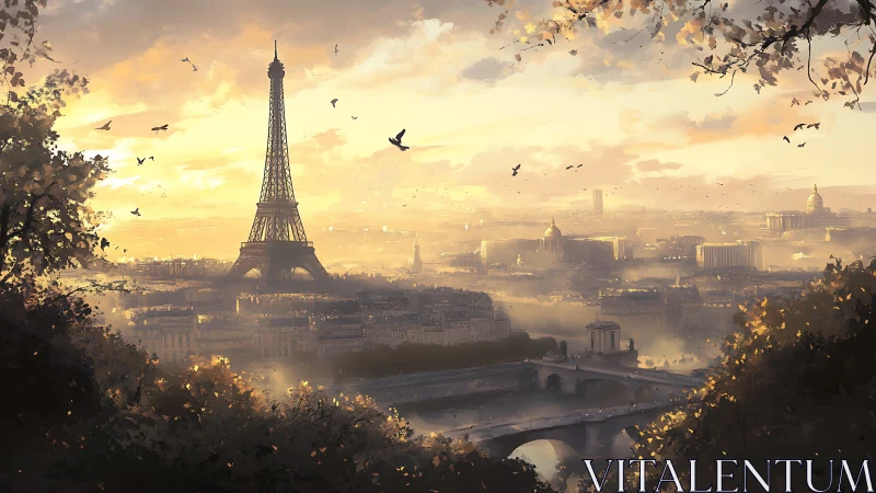 Golden Paris morning with the Eiffel Tower in soft haze.