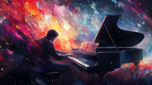Grand piano player is seated amid diffuse abstract color field