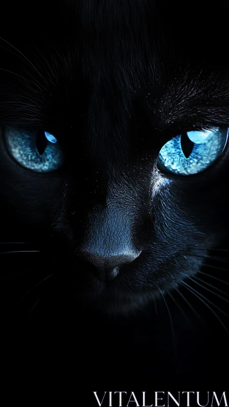 Black Cat with Striking Blue Eyes in Darkness.