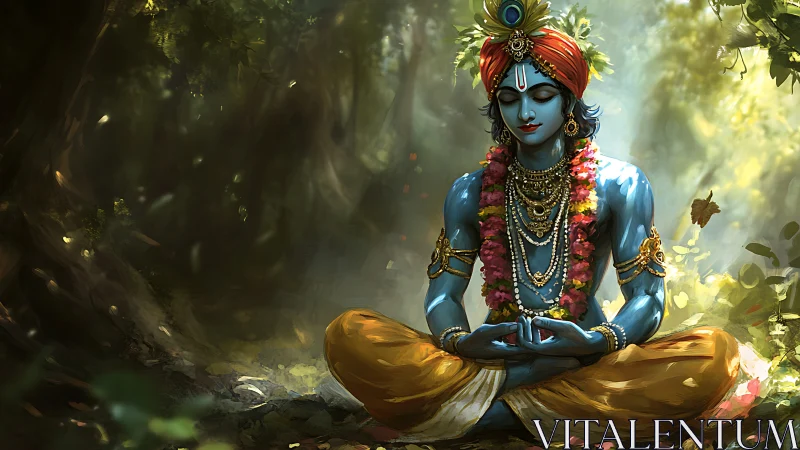 Blue mystic sits in sun-dappled forest, weaving quiet light