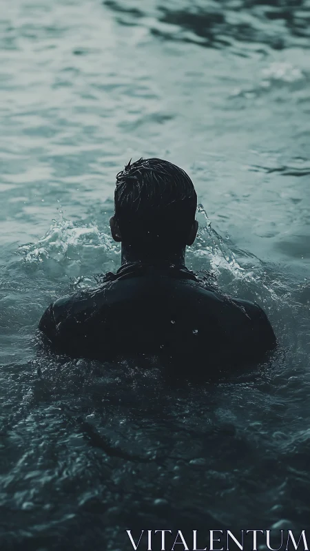 Rear view shows single swimmer partially submerged in water
